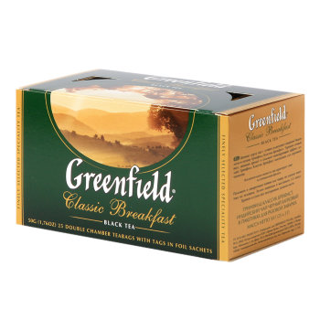 Greenfield Classic Breakfast Tea Classic Collection Top-quality grades from the best plantations of North India are used for Greenfield Classic Breakfast. The pronounced rich flavour, mild aroma and strong refreshing effect make Greenfield Classic Breakfast an ideal choice for the morning tea.
