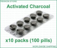 Activated Charcoal 100 Pills (10x10 Packs) Tablets Активированный Уголь