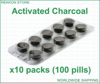 Activated Charcoal 100 Pills (10x10 Packs) Tablets Активированный Уголь