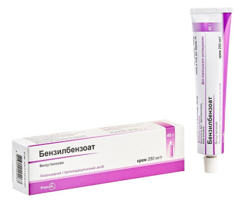 Benzylbenzoate Бензилбензоат BENZYL BENZOATE cream 40g First Aid  The drug has an acaricidal effect on various types of mites, including scabies (Acarus scabiei), and exhibits anti-pediculosis activity. It is used to treat scabies, red acne and demodicosis, pityriasis versicolor, oily seborrhea.