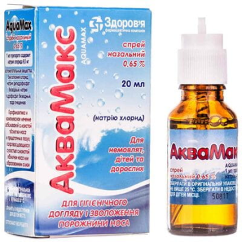 Aquamax nasal spray 0.65% bottle with pump valve 20 ml Аквамакс спрей назальный 0,65 % флакон c клапаном-насосом 20 мл