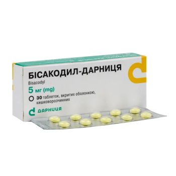 Bisacodyl-Darnitsa film-coated enteric-coated tablets 5 mg 30 pcs Бисакодил-Дарница таблетки покрытые оболочкой кишечнорастворимые по 5 мг 30 шт Pharmacological properties
Pharmacodynamics. Bisacodyl causes a laxative effect, which is manifested by softening or liquefaction of feces. The mechanism of laxative action is due to an increase in the penetration of water into the intestinal cavity and a decrease in its absorption, as well as an acceleration of intestinal peristalsis.

An important place in the mechanism of action is occupied by the breakdown of bisacodyl in the alkaline contents of the intestine, which leads to the formation of substances that irritate the receptors of the intestinal mucosa. This leads to stimulation of intestinal peristalsis.

Pharmacokinetics. Intestinal and bacterial enzymes rapidly convert bisacodyl into its active metabolite. Only 5% of the oral dose is absorbed into the systemic bloodstream, transformed in the liver and excreted in the urine and bile in the form of an inactive metabolite (glucuronides).