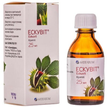 Escuvit drops dropper bottle 25 ml Эскувит капли флакон-капельница 25 мл Dosage form
Drops 25ml.

Active ingredient
100 g of the preparation contains: horse chestnut (Aesculus hippocastanum) fruit liquid extract - 10.0 g, thiamine chloride - 0.5 g; list of excipients: ethyl alcohol, purified water.

Indications
Chronic lower limb venous insufficiency due to varicose disease and postthrombophlebitic syndrome. Inflammatory-edematous changes in functional circulatory disturbances of the lower limbs and rectum; phlebitis, edema, haemorrhoids.