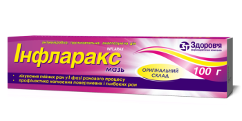Inflarax ointment tube 100 g Инфларакс мазь туба 100 г GENERAL CHARACTERISTICS
Dermatological agents. Antibiotics and chemotherapeutic agents, combinations. ATC code D06C.

Indications to Use:
In surgical practice – the drug is used to treat purulent wounds in phase I (purulent-necrotic) of the wound process, to prevent purulence of superficial and deep wounds, in postoperative complications (postoperative wound suppuration, phlegmon, fistula, abscess) in combustiology – for prevention and treatment of suppuration in burn wounds; in dermatology – for treatment of purulent-inflammatory dermal diseases (pyoderma).