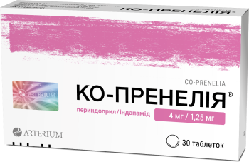 Co-Prenelia tablets 4 mg/1.25 mg 30 pcs Ко-Пренелия таблетки 4 мг/1,25 мг 30 шт Composition: 

active ingredients : perindopril, indapamide.

1 tablet contains: perindopril tertbutylamine - 4 mg (corresponding to 3.338 mg of perindopril) and indapamide - 1.25 mg; or perindopril tertbutylamine - 8 mg (corresponding to 6.676 mg of perindopril) and indapamide - 2.5 mg;

Excipients: microcrystalline cellulose; lactose, monohydrate; colloidal anhydrous silicon dioxide; magnesium stearate.

 

Dosage form: Tablets.

Main physicochemical properties: 

4 mg/1.25 mg tablets: white, oval tablets with a score on both sides and an embossed “+” image on each side of the score on one side of the tablet; 

8 mg/2.5 mg tablets: white or almost white, round tablets with a score on one side.

 

Pharmacotherapeutic group: Combinations of angiotensin-converting enzyme (ACE) inhibitors. Perindopril and diuretics. 

ATX code C09B A04.

 

Indication.

Treatment of essential hypertension.