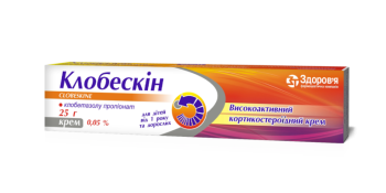 Clobeskin cream 0.05% tube 25 g Клобескин крем 0,05 % туба 25 г GENERAL CHARACTERISTICS
Corticosteroids for use in dermatology. High potency corticosteroids (Group IV). Clobetasol. АТС code D07A D01.

Indications to Use:
Psoriasis (except for common plaque psoriasis), persistent eczema, lichen planus, discoid lupus erythematosus and other skin diseases that do not respond to treatment with less potent GCS.