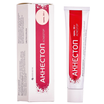 Aknestop cream 200 mg/g tube 30g Акнестоп крем 200 мг/г туба 30г 1 DOSAGE FORM

Cream.

Main physical and chemical properties : white opaque cream.

 

COMPOUND

active ingredient : 1 g of cream contains azelaic acid in terms of 100% dry matter 200 mg;

Excipients : benzoic acid (E 210), glycerol monostearate 40-55, macrogol stearate, "CUTINA CBS", octyldodecanol, propylene glycol, glycerin, purified water.

 

PHARMACOTHERAPEUTIC GROUP

Topical acne treatments.

ATX code D10A X03.

 

INDICATIONS

Treatment of acne (common acne), characterized by the presence of comedones, papules, pustules and small nodules.