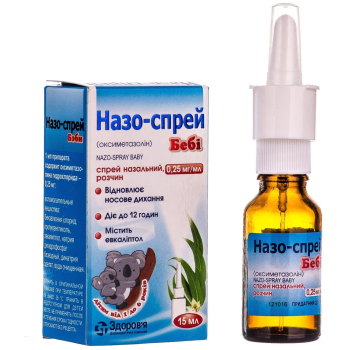 Naso-spray Baby nasal spray 0.25 mg/ml glass bottle 15 ml Назо-спрей Беби спрей назальный 0,25 мг/мл флакон стекляный 15 мл GENERAL CHARACTERISTICS
Anti-edema and other drugs for topical use in case of diseases of the nasal cavity. Sympathomimetics. Code ATX R01A A05.

Indications:
Acute respiratory diseases accompanied by nasal congestion, Allergic rhinitis, Vasomotor rhinitis